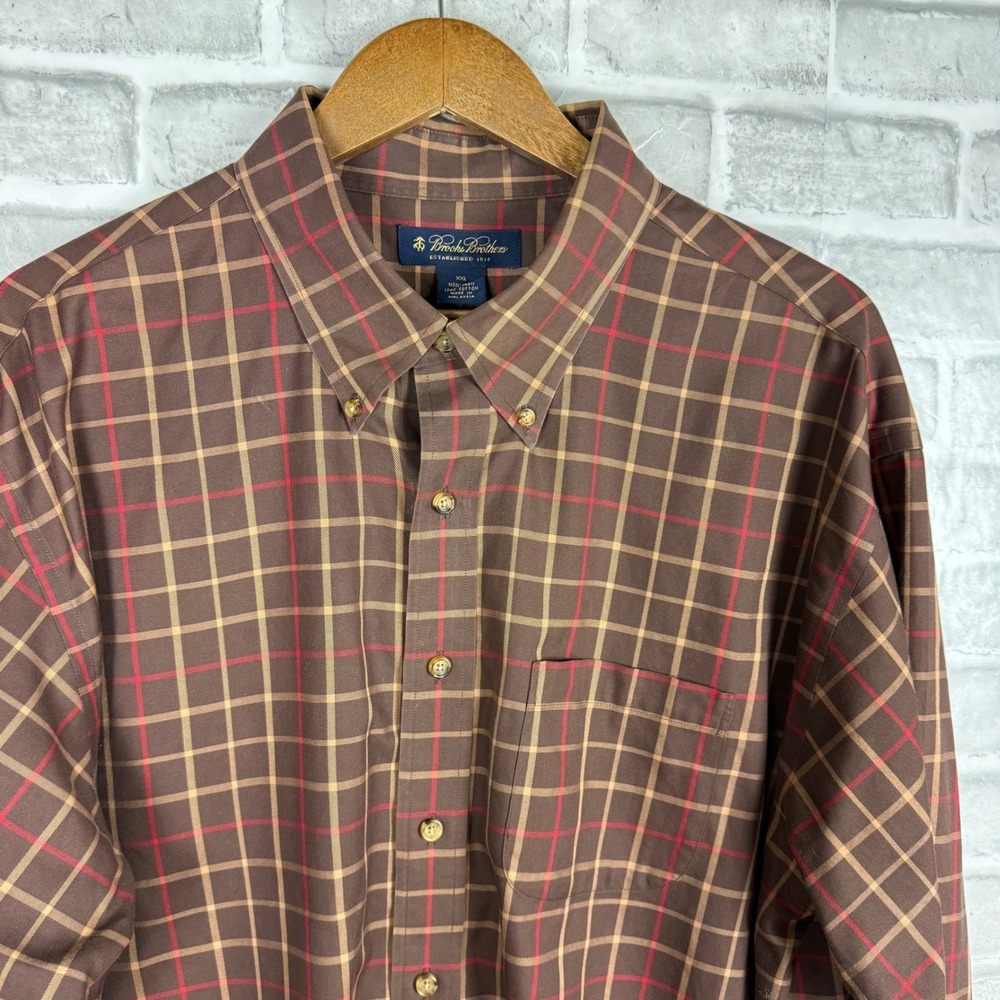 Brooks Brothers Mens XXL Non-Iron Cotton Plaid Button Down Shirt Brown Red LS